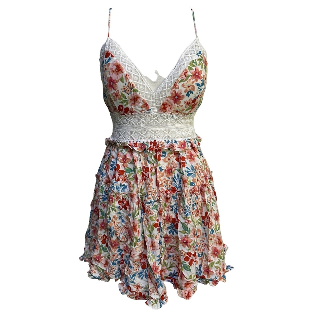 Angel Biba Floral Mini Dress Womens M Crochet Lace Cottagecore Coquette Festival